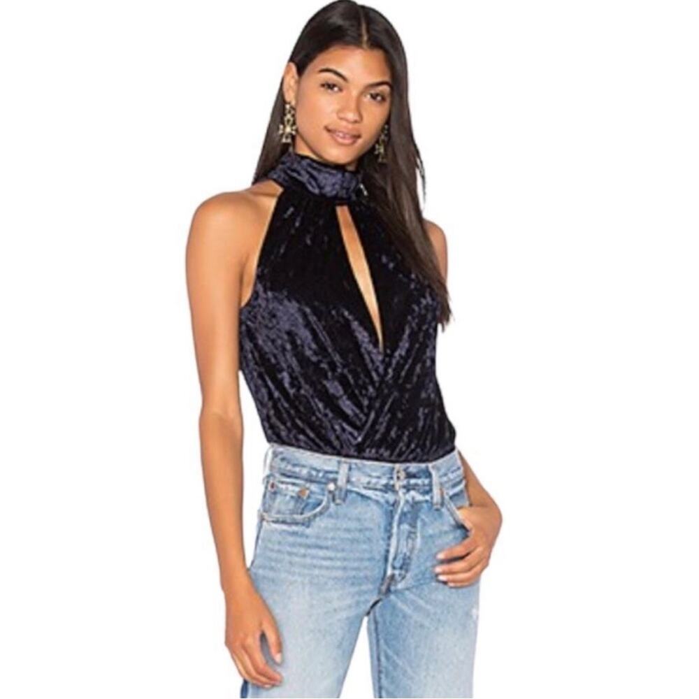 Central Park West X Revolve Velvet Blue Sleeveless Keyhole 90s Boho Bodysuit S